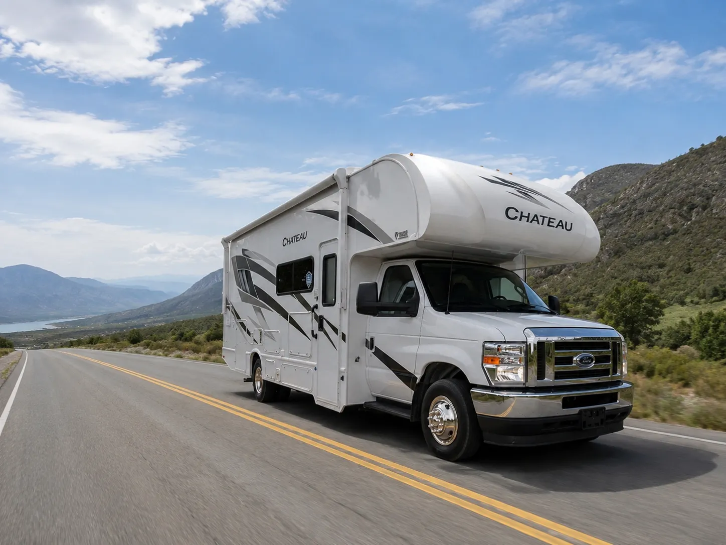 Motorhome driving through the mountains